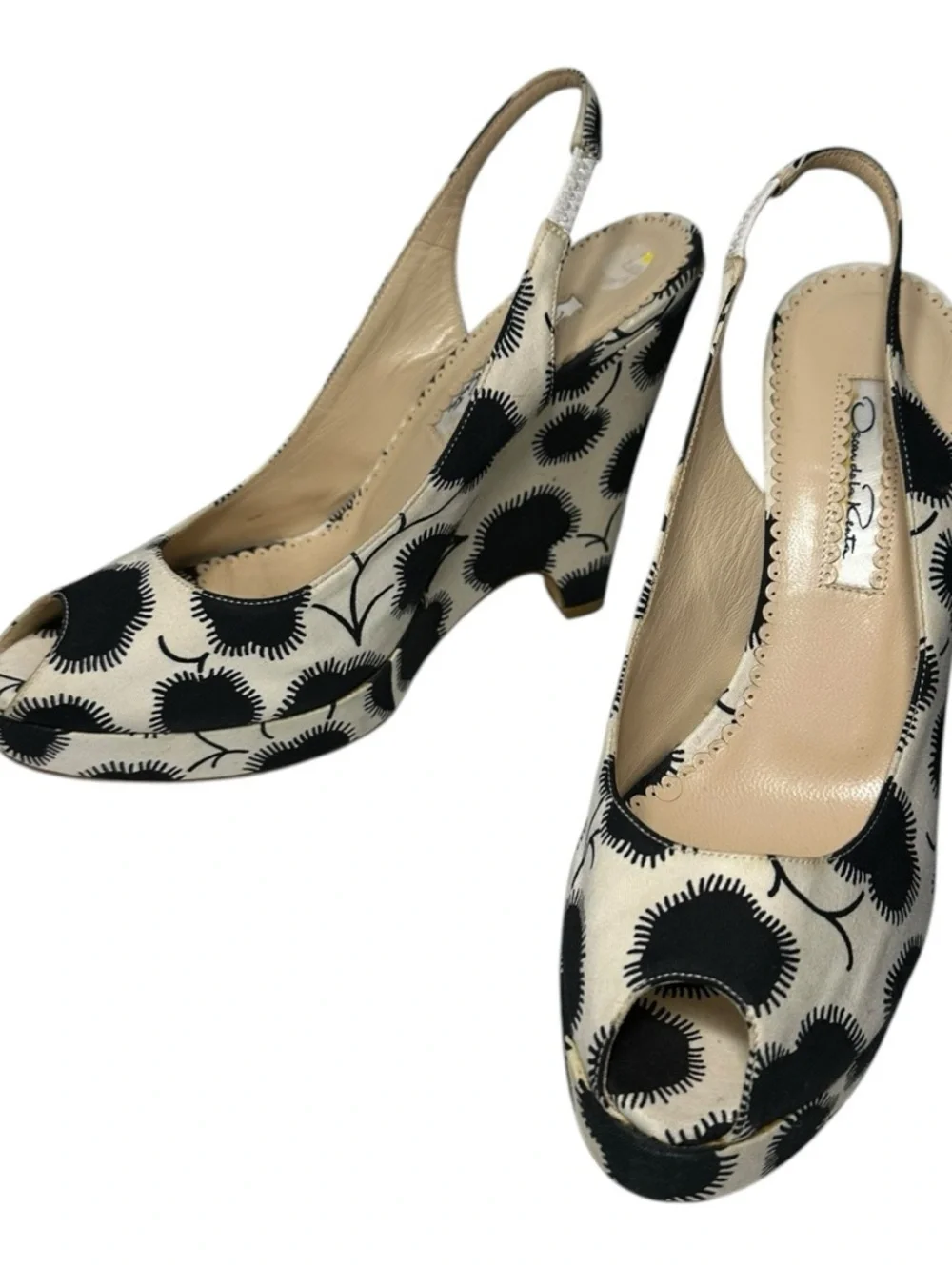 Oscar de la Renta Women’s 37.5 7.5 Black Cream Floral Slingback Platform Wedges